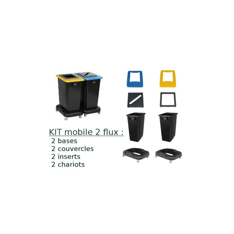 Conteneur PB 2x60L biflux avec chariots - Couvercles jaune et bleu Conteneur PB 2x60L biflux avec chariots - Couvercles jaune et bleu