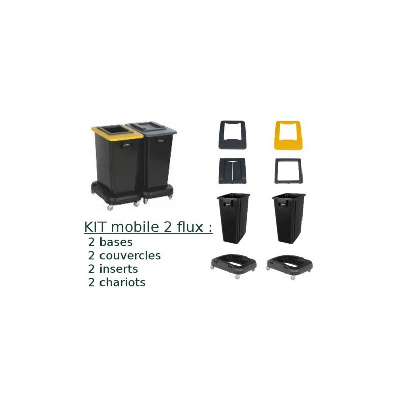 Conteneur PB 2x60L biflux avec chariots - Couvercles jaune et bleu Conteneur PB 2x60L biflux avec chariots - Couvercles jaune et bleu