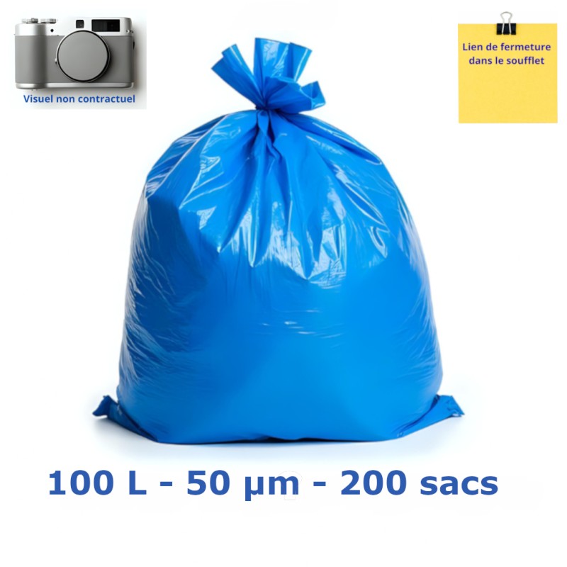 Sac poubelle PEBD - Bleu 100L 50µ 820x850 mm (200 sacs) Sac poubelle PEBD - Bleu 100L 50µ 820x850 mm (200 sacs)