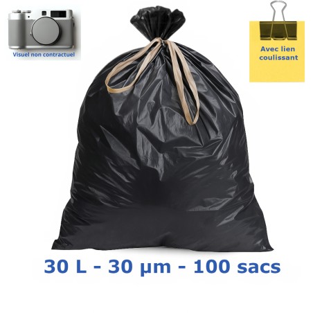 Sac poubelle PEBD Noir lien coulissant 30L 30µ 500x650 mm (100 sacs)