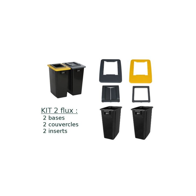 Conteneur PB 2x60L biflux noir - Couvercles jaune et gris Conteneur PB 2x60L biflux noir - Couvercles jaune et gris